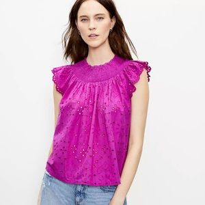 NWOT - Loft - PETITE Eyelet Smocked Neck Shell Top